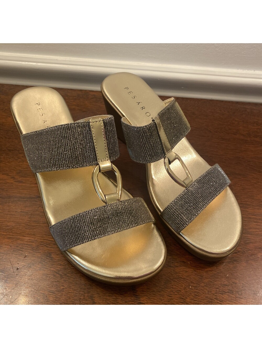 Pesaro Metallic Glitter Ring Slip-On Wedge Sandals Silver & Gold Women's 9.5 M